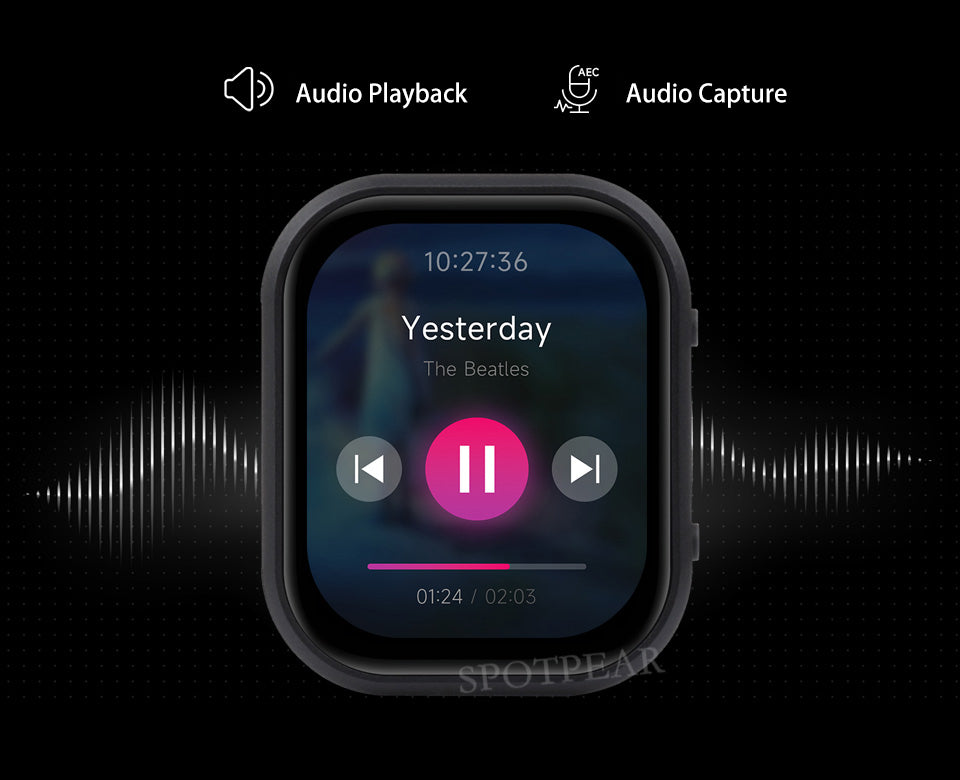Smartwatch displaying audio playback interface with 'Yesterday' by The Beatles on a dark background.