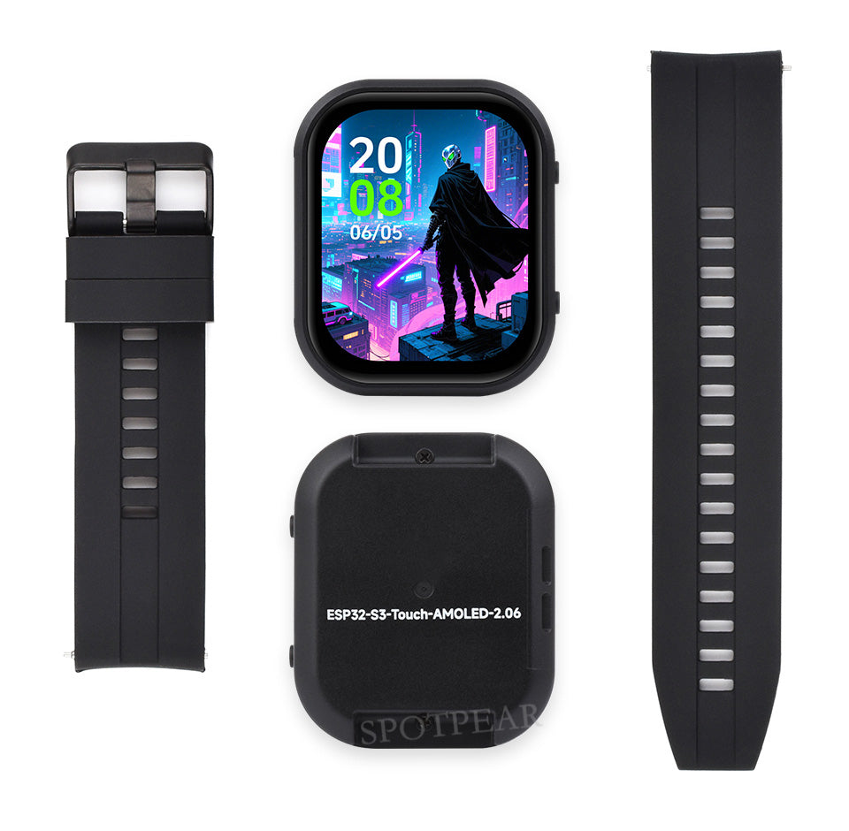 Smartwatch with display, strap, and small black device on a white background