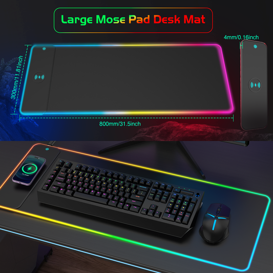 Wireless Charging RGB Gaming Mouse Pad | Luminous Desk Mat with LED Lights, Phone Charger & Large Mousepad for Laptop & Keyboard