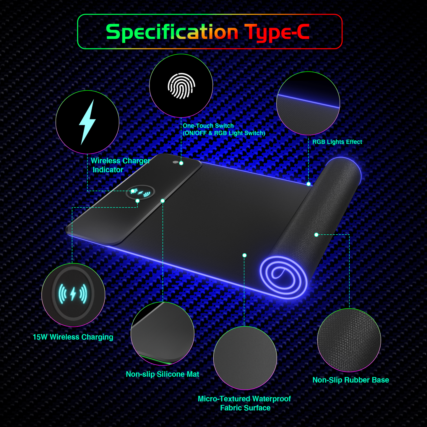 Wireless Charging RGB Gaming Mouse Pad | Luminous Desk Mat with LED Lights, Phone Charger & Large Mousepad for Laptop & Keyboard